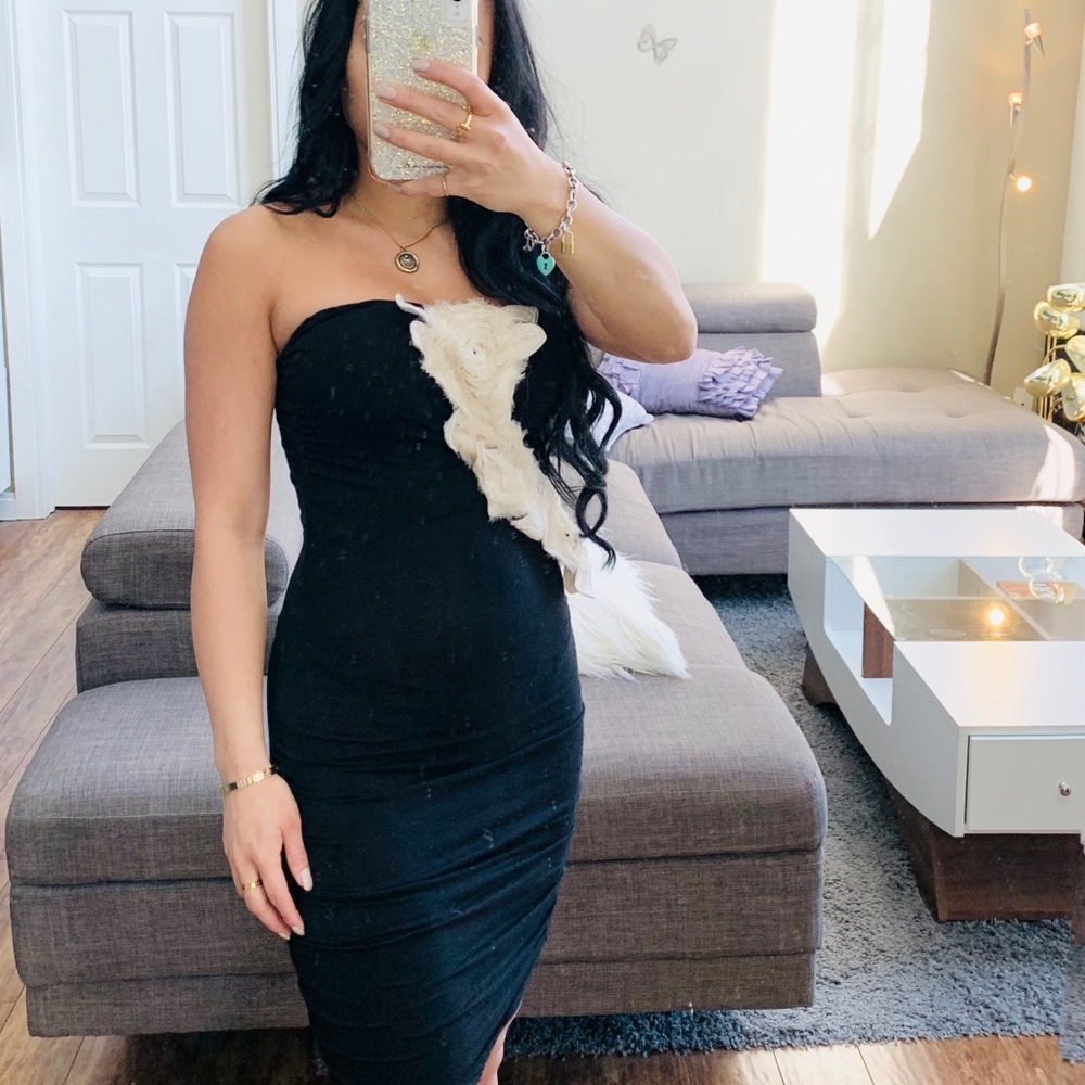 👗 STRAPLESS FLORAL FRILL BODYCON BLACK DRESS
